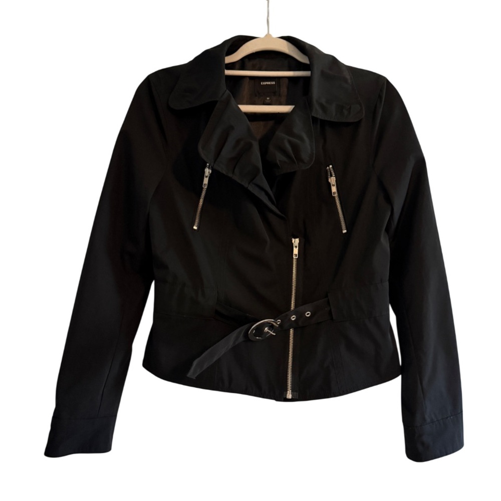 Y2K Express Cropped Belted Moto Poly Jacket Black Medium